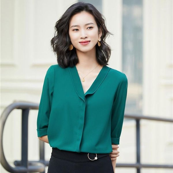 

summer women blouses & shirts half sleeve ladies work wear uniform female v-neck green1, White