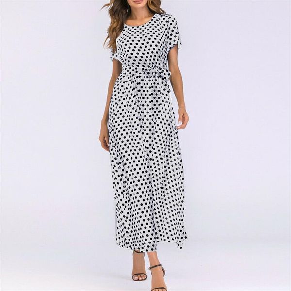 

2020 summer dress o neck short sleeve boho polka dot bandage maxi long dress beach sundress plus size vestidos, Black;gray