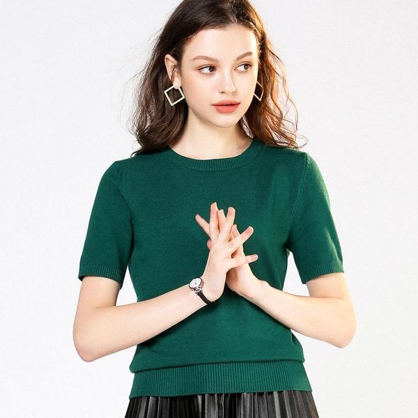 

2020 round neck short-sleeved knit spring and summer new loose shirt women's suit large size bottoming shirt low collar1, White;black