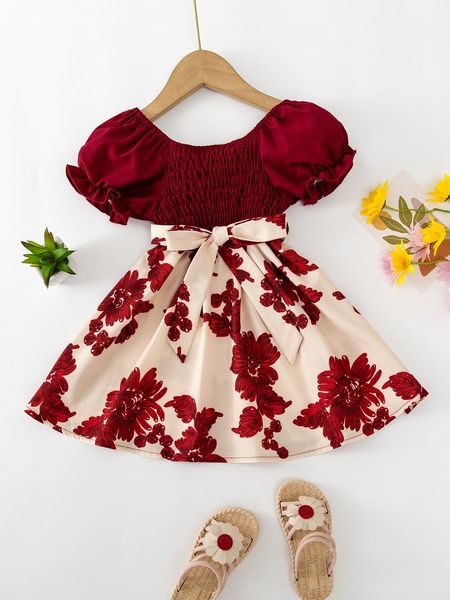 

toddler girls floral print puff sleeve shirred belted dress she, Red;yellow