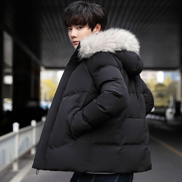 

winter korean men's cotton quilted overcoat solid color youth popular hooded casual suit kg-103, Black