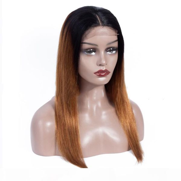 

ombre 1b 30 lace front human hair wigs with baby hair pre plucked brazilian virgin straight hair 4*4 lace closure wig 150% density, Black;brown