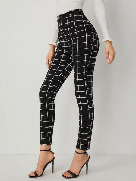 

plaid print high waist pants w3kl#, Black;white