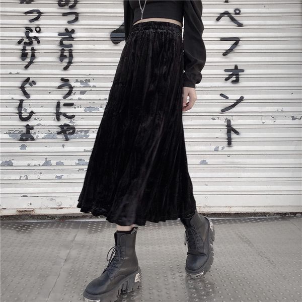 

lychee girls vintage black pleated women skirt irregular elastic waist solid color lady skirt autumn winter female skirts y1214