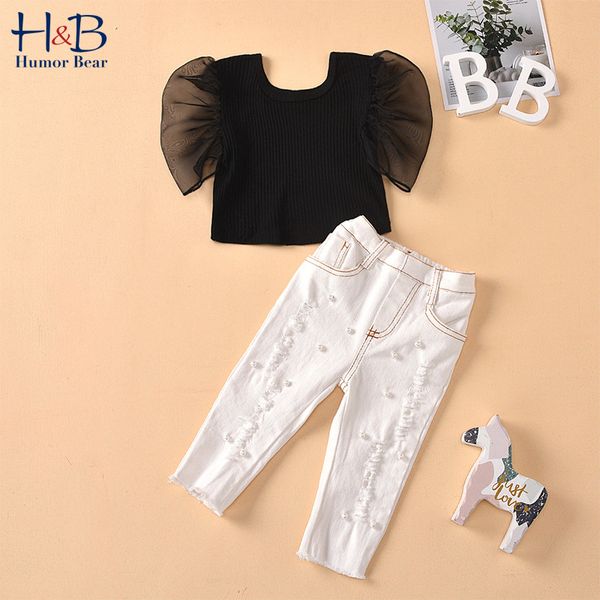 

humor bear summer girls kids clothing toddler new summer net sleeve t-shirt+ beaded hole jeans children 2pcs clothes setsx1019, White