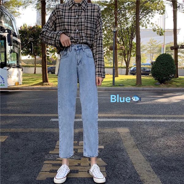 

new 2020 spring design semi-elastic waist design straight leg jeans woman1, Blue