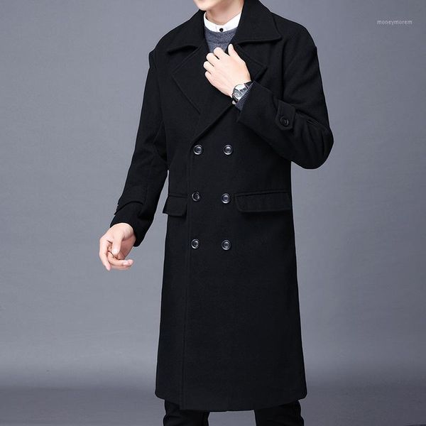 

men's wool & blends 2021 winter over the knee long men's fashion slim coat luxury business gentleman youth warm coat1, Black