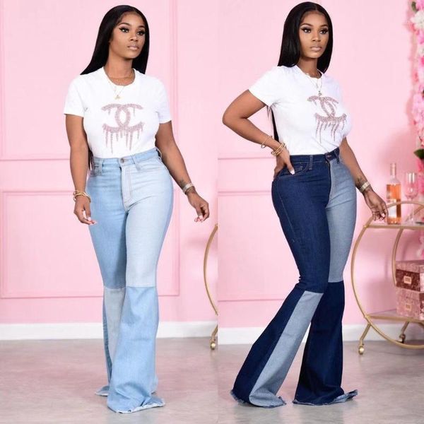 

large size fashion stitching high waist jeans flare pants women denim jeans1, Blue