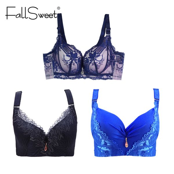 FallSweet 3 Stück / Los Sexy Frauen Plus Size BH Spitze Push Up Büstenhalter D E Cup 38 bis 46 201202