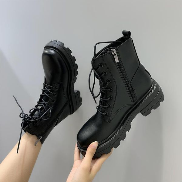 

shoes woman flat boots winter footwear ankle booties women boots-women round toe lace up low 2020 rubber short autumn ladies, Black