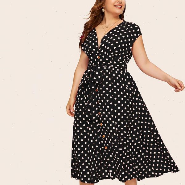 

womens casual plus size v neck sleeveless polka dot printed button belt dress vestido largo verano mujer sukienka maxi 5s, Black;gray