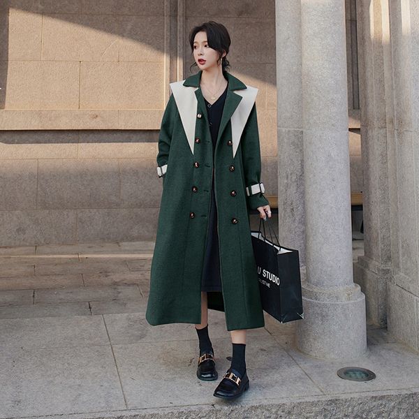 

2021 new women's long new korean winter double-breasted lapel sew loose fashion thread thicken artificial wool coat gz6 z4vh, Black
