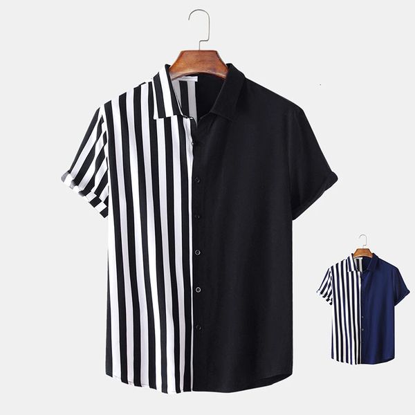 

new summer 2021 lapel short sleeve two color stripe printed casual men's shirtslim fit fashion floral print dress males clothesfjpu, White;black