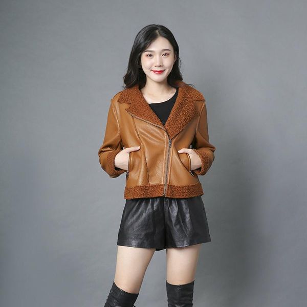 

casual pu leather faux fur collar thick female coat short faux leather winter jackets girls brown oversized jacket women 4xl 5xl, Black