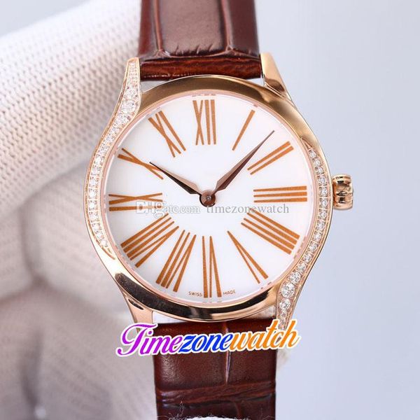 

fashion ladies watches 428.58.36.60.02.001 swiss quartz womens watch white dial gold roman markers diamonds bezel rose gold case brown leath, Slivery;brown