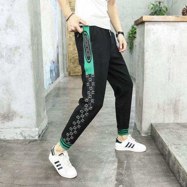 

2020 autumn new men's casual tight casual sports pants lightquality striped jacquard sports pants fashion fashion versatile leggings te, Blue