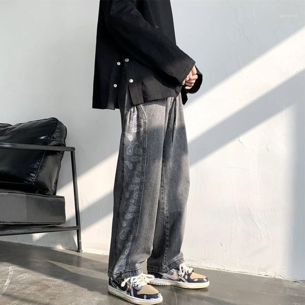 

winter new jeans men's casual loose straight wide-leg jeans men retro korean trousers printing denim pants mens -2xl1, Blue