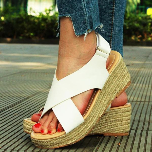 

women pumps cross-tied shoes high heels platform wedge sandals summer cross girdle hook and loop solid shoes linen sole mujer, Black