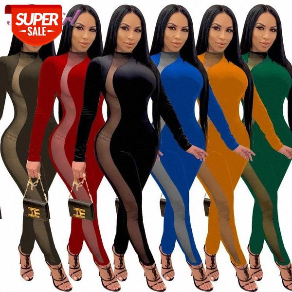 

elegant sheer mesh see through patchwork skinny jumpsuit women velvet long sleeve night party rompers outfit overallsalls #c77x, Black;white