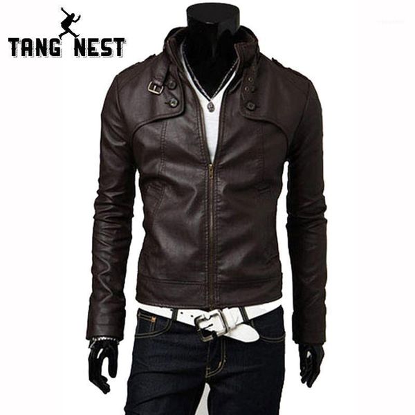 

tangnest 2021 spring autumn handsome men leather jacket zipper slim leather jacket hight quality three colors mwp0141, Black