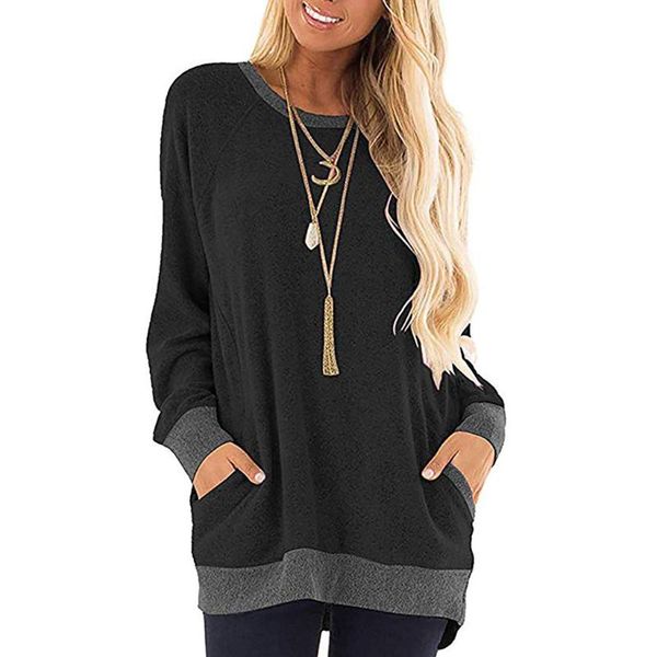 

srogem women black pocket color long sleeve tunic plus size sweatshirt fashion crew neck women blouse ropa mujer, White