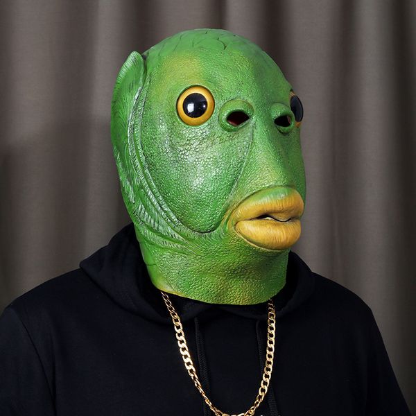 

green fish head mask headgear latex green fish headgear run boba mask cosplay halloween costume prom party horror spoof gag toys c0123