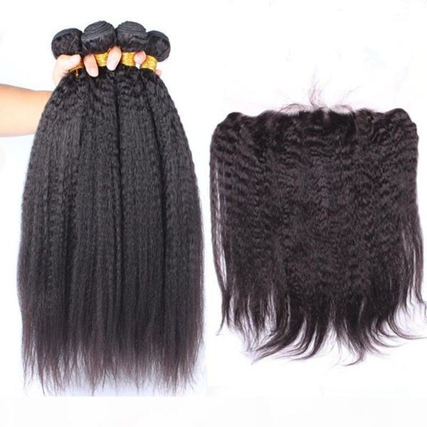 

kinky straight brazilian human hair 4bundles with frontal italian coarse yaki virgin hair weaves with 13x4 lace frontal closure 5pcs lot, Black;brown