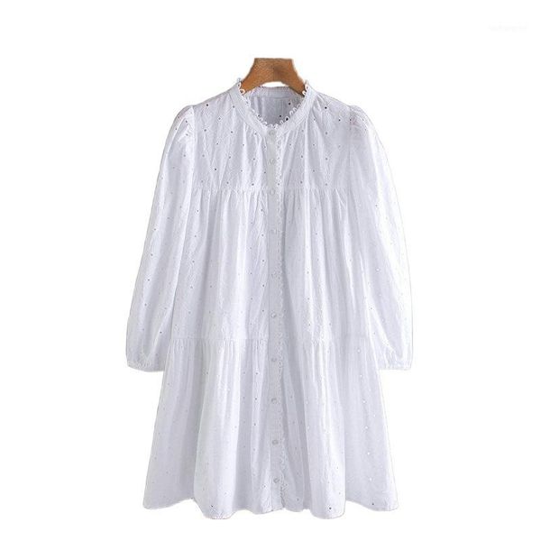 

tangada fashion women solid white embroidery hole dress long sleeve ladies retro loose pleated mini dress vestidos 2w041, Black;gray