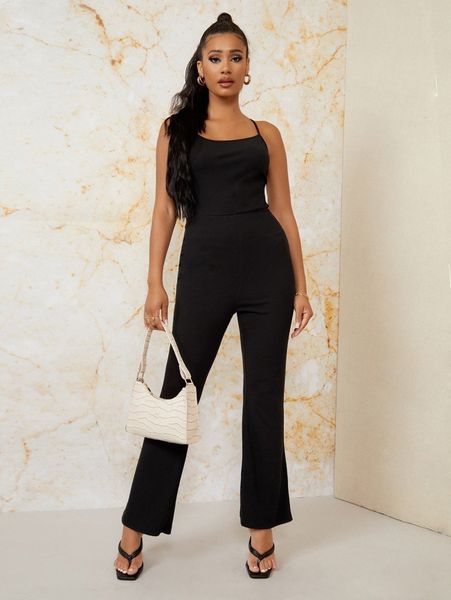 

backless knot flare leg cami jumpsuit b03d#, White