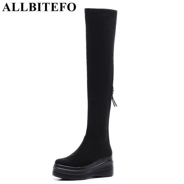 

boots allbitefo fashion brand flock high heels platform women wedges over the knee girls bota de neve1, Black
