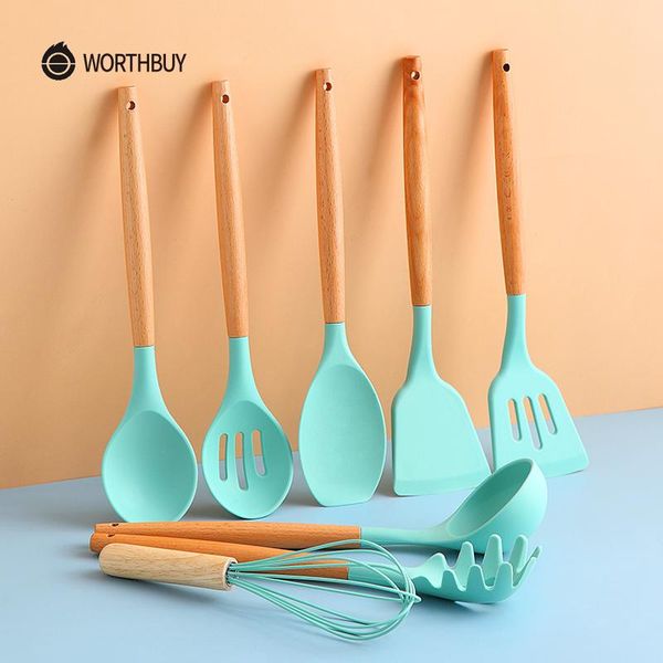 

worthbuy utensils non stick heat resistant tools silicone spatula cooking handle kitchenware wooden with set shovel bbysne bwkf