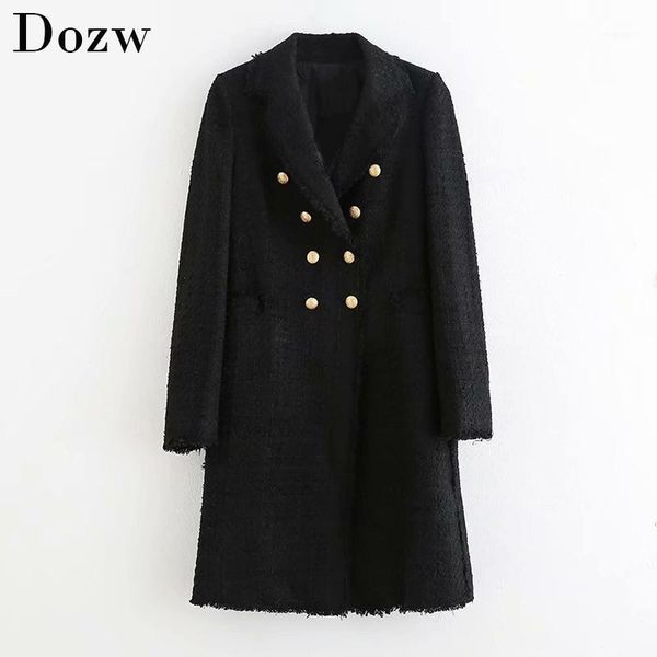 

women double breasted elegant black blazers long sleeve notched collar mid length blazers button fashion office chaqueta mujer1, White;black