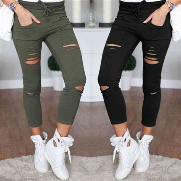 

women skinny pants hole knee pencil high waist legging slim trousers stretch ripped jeans plus size 4xl, Black