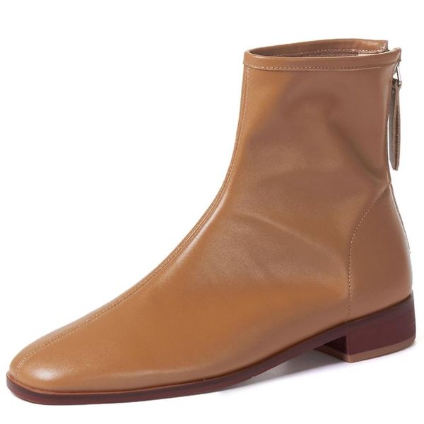 

boots women's genuine leather flats ankle round toe back zip casual autumn short booties soft comfortable shoes, Black