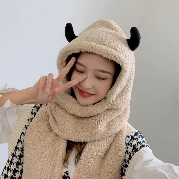

scarves female hat scarf korean cute plush horn ears warm and thick autumn winter two-piece student one cap bib, Blue;gray