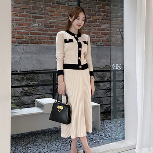 

women's tracksuits korean chic vintage knitted suit women crop pearl buttons sweater cardigan + pleated high waist long skirt two piece, Gray