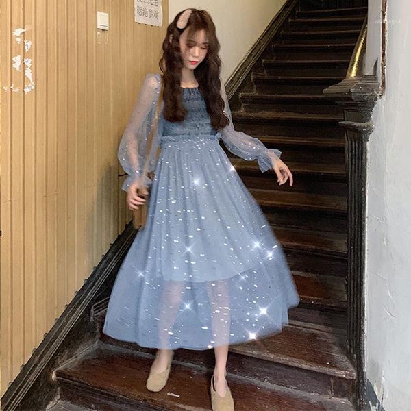 

spring women solid elegant chiffon dress female high waist ruffles vestido lady long sleeve sequins dresses1, Black;gray