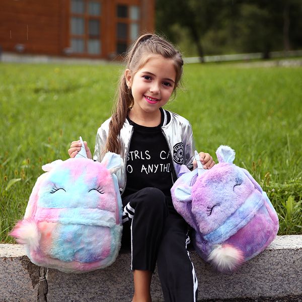 

girl cartoon soft plush bag student small zipper schoolbag unicorn rainbow fur backpack with ball kid new mini toy doll backpack y0125