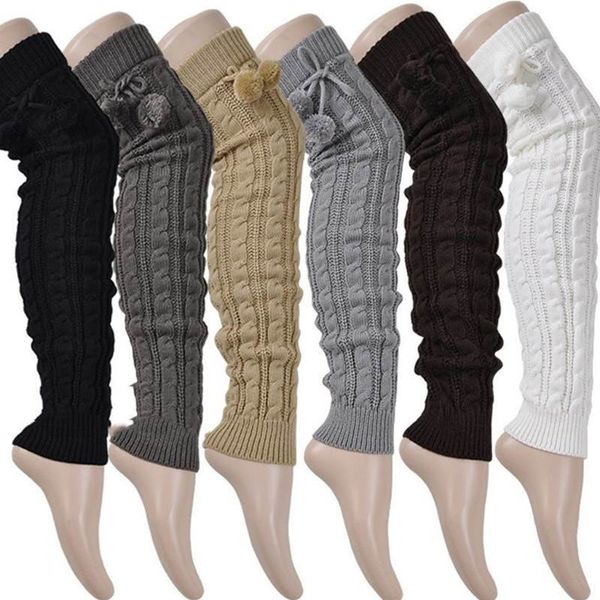 

women girls winter braided cable knit thigh high long leg warmers solid color crochet thermal boots cuff socks with pompom ball 201021, Black;white