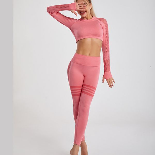 

seamless long sleeve hollow out new yoga for women's knitting quick drying fitness suit, Gray