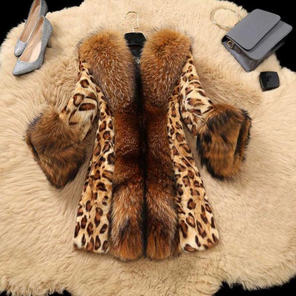 

women's down & parkas women faux furs collar jacket classic leopard medium long winter coat thick cotton padded warm casual #3, Black