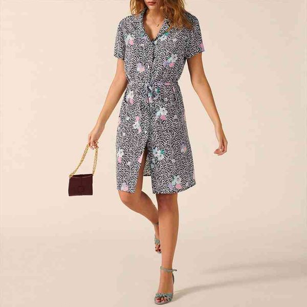 

women dresses summer lapel v neck short sleeve button up elegant shirt dress with belt vintage floral print midi dress, Black;gray