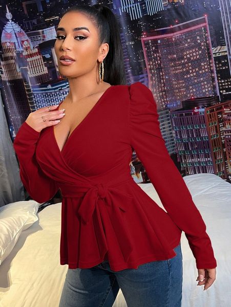 

wrap belted gigot sleeve peplum blouse j2lp#, White