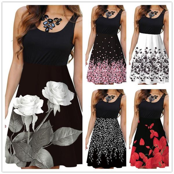 

women floral print dress new 2021 summer boho beach dress female sleeveless patchwork casual tank a-line dress vestidos, Black;gray