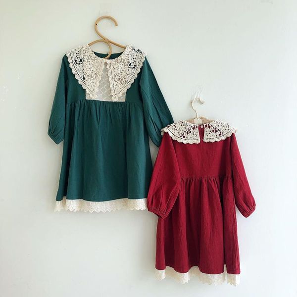 

autumn baby clothes linen cotton girls hollow out lace long-sleeved dress children's clothing princess party dress casual wear, Red;yellow