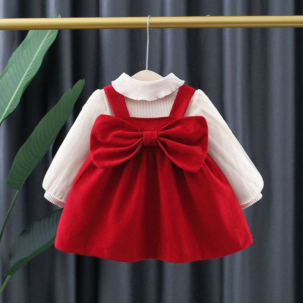 

bow girl's sweet drs with new tie and winter ftive red skirt, Red;yellow