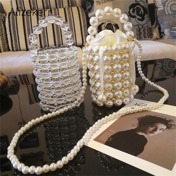 

luxury big pearl bucket bag women chic handmade clear beading evening clutch purses and handbags ladies messenger bags dinner y201224