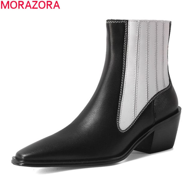 

morazora 2020 genuine leather boots thick high heels slip-on ladies shoes autumn winter black white color ankle boots 1026