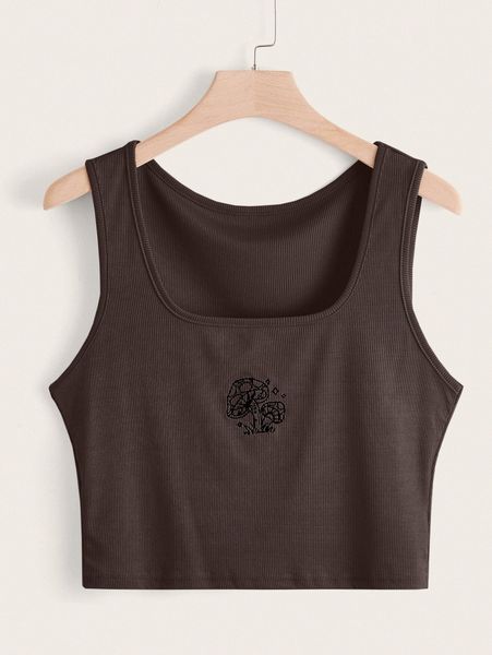 

plus mushroom embroidery ribbed tank j62i#, Black