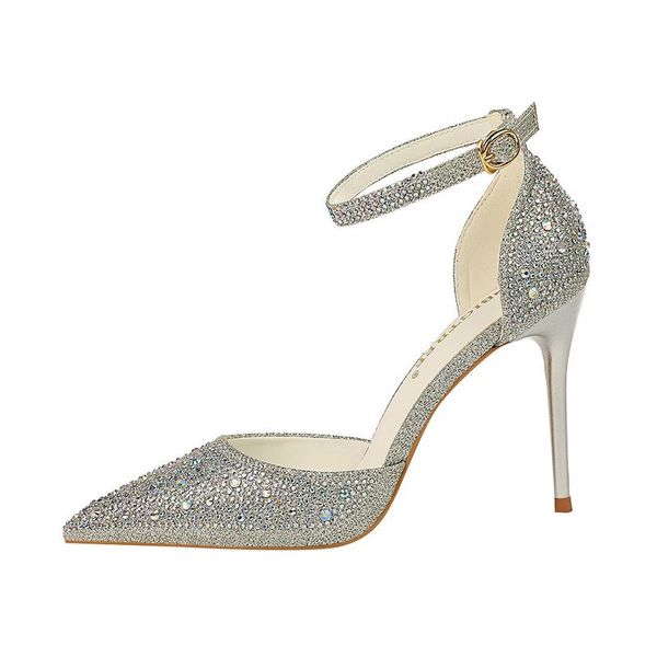 

dress shoes 2021 summer korean fashion rhinestone pointed silver girl high heel sandals wild word buckle with single, Black